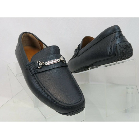 BALLY PITAVAL BLUE GRAINED LEATHER WEB PLATE LOGO DRIVER LOAFERS 10 D US 43